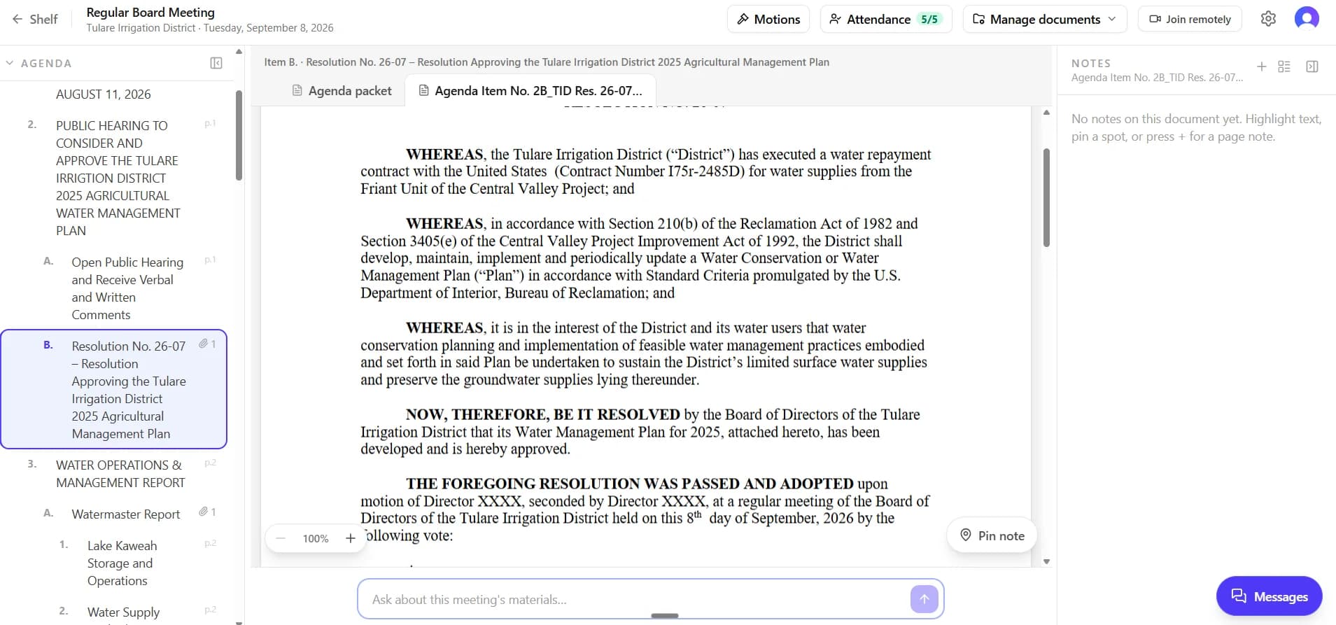The Board Access meeting room: the agenda down the left, item 2B's resolution open in the middle, notes on the right, and the ask bar along the bottom.